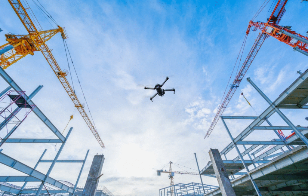 Construction drone workflows showing a multirotor drone capturing aerial images over an active building site.