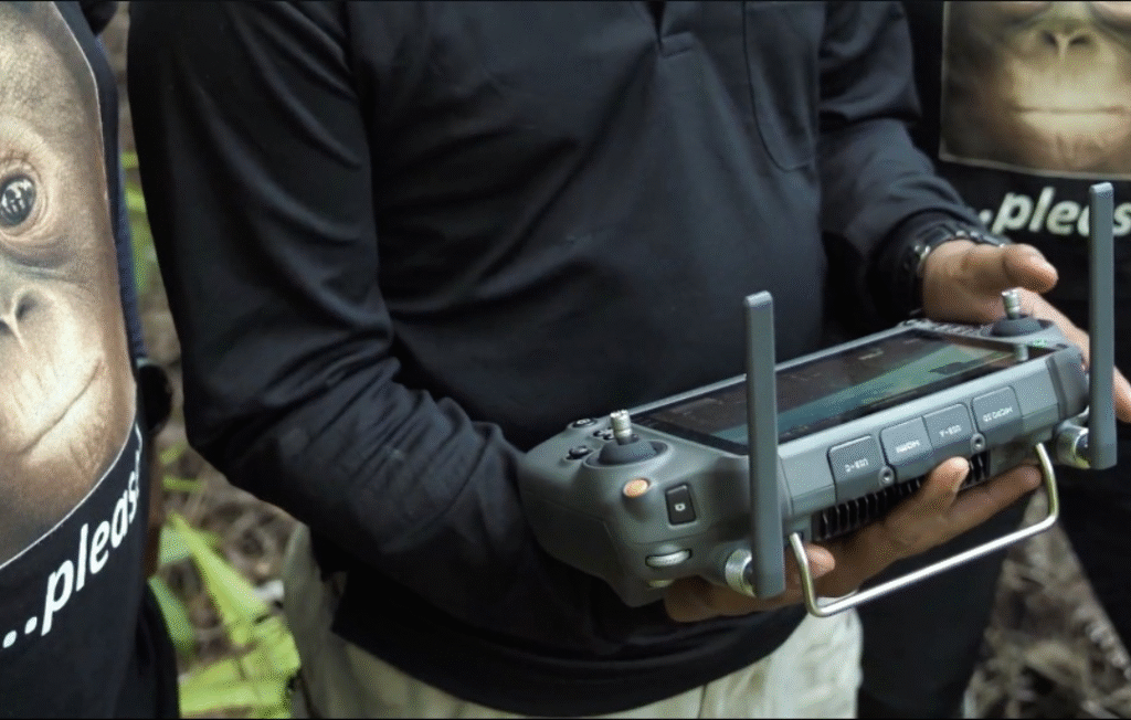 Drone-based wildlife census drone flying over dense forest canopy at sunset.
