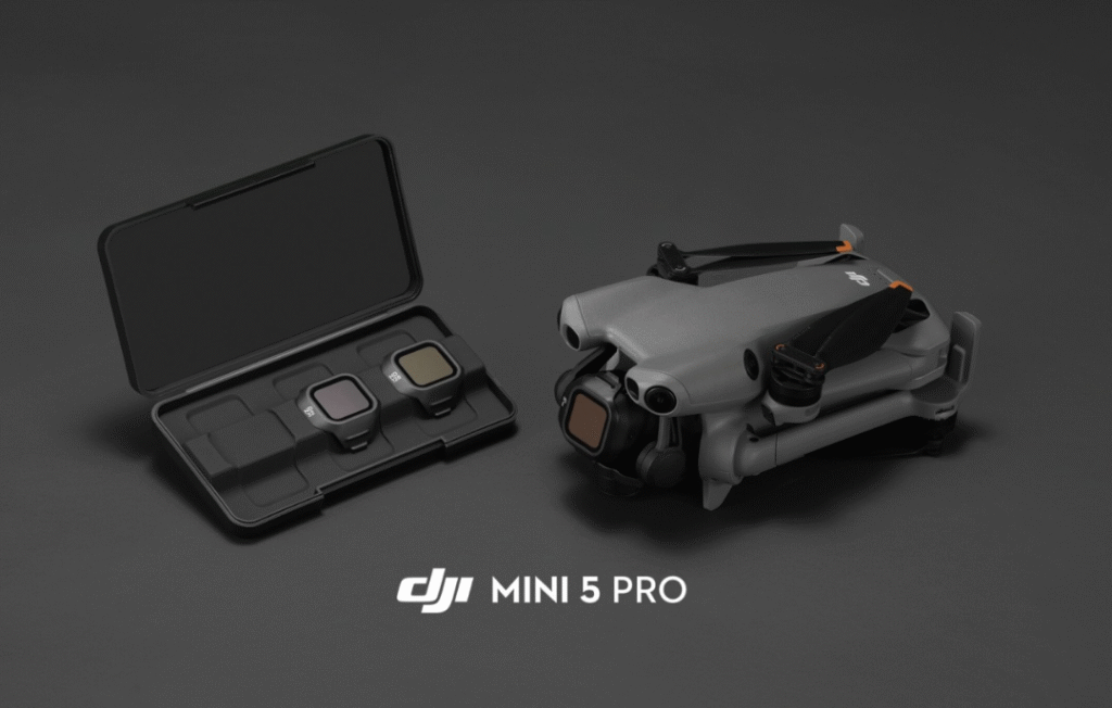DJI Mini 5 Pro Fly More Combo (RC‑2) drone flying over a scenic landscape, capturing high‑resolution 4K footage.