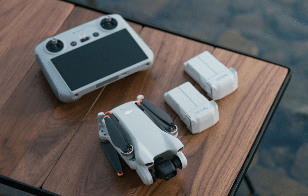DJI Mini 3 Fly More Combo drone with remote controller, three batteries and charging hub arranged on a table