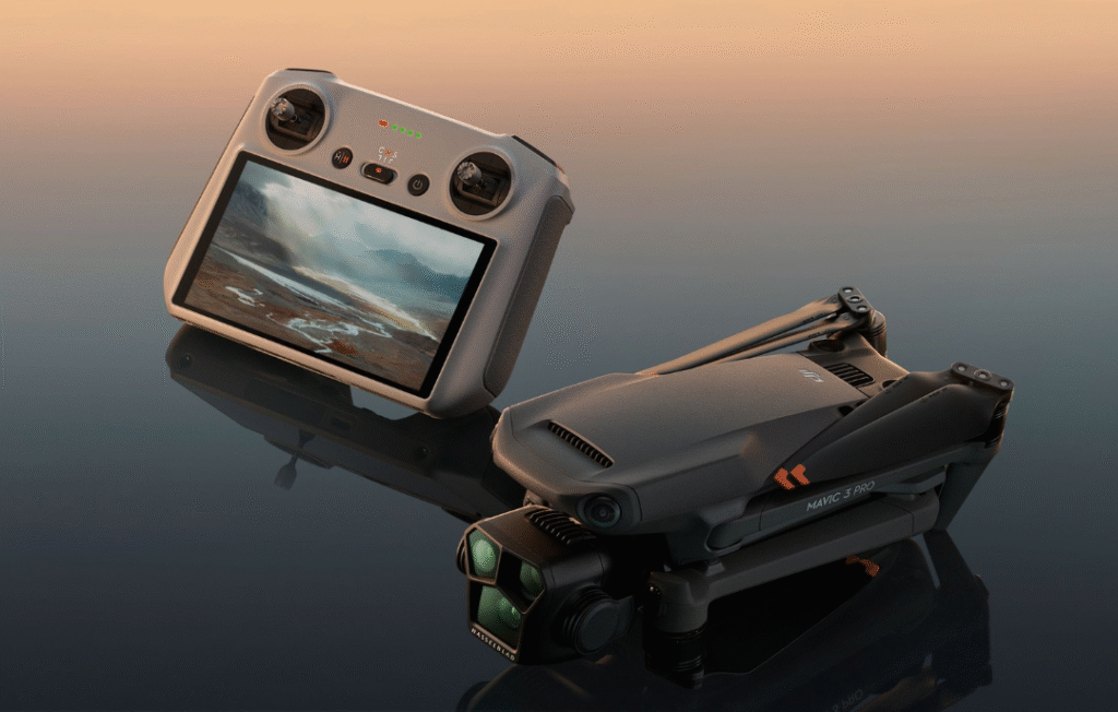 DJI Mavic 3 Pro Fly More Combo Drone with RC Pro controller, three batteries, charging hub and ND filters displayed on table