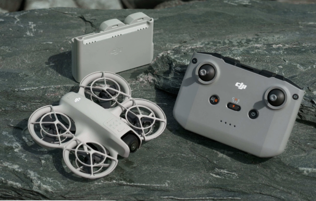 DJI Neo Fly More Combo drone in flight with 4K camera, intelligent flight modes, and extended battery