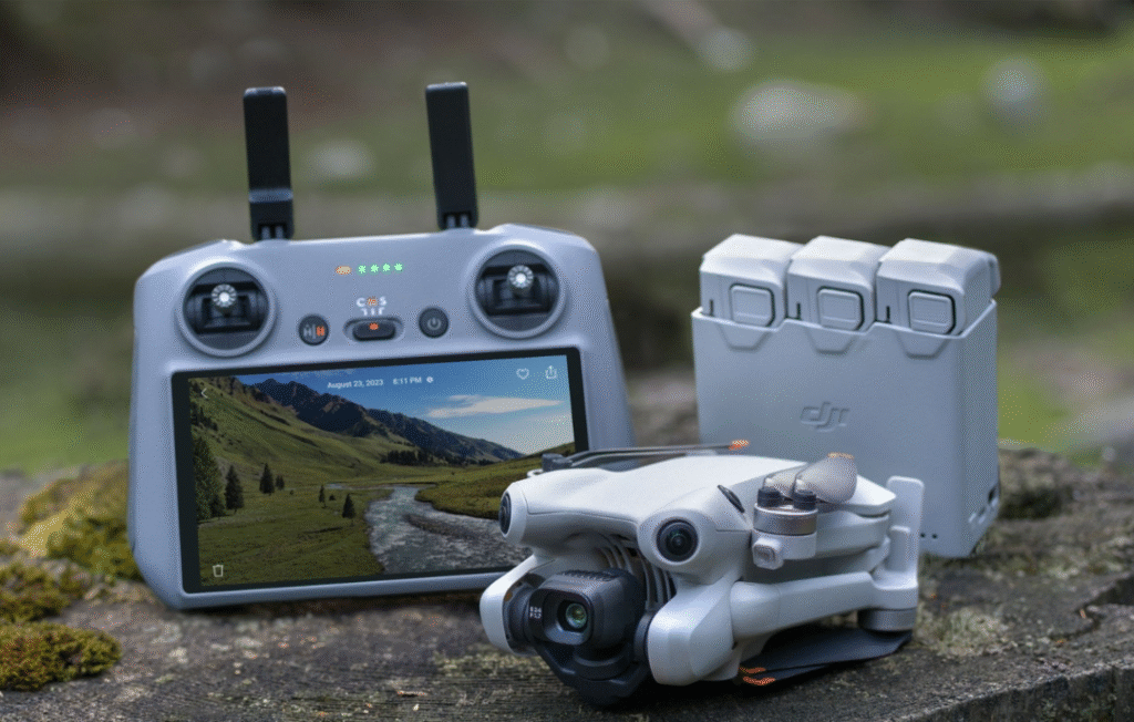 DJI Mini 4 Pro Fly More Combo Plus drone in flight, showcasing compact design and aerial capabilities