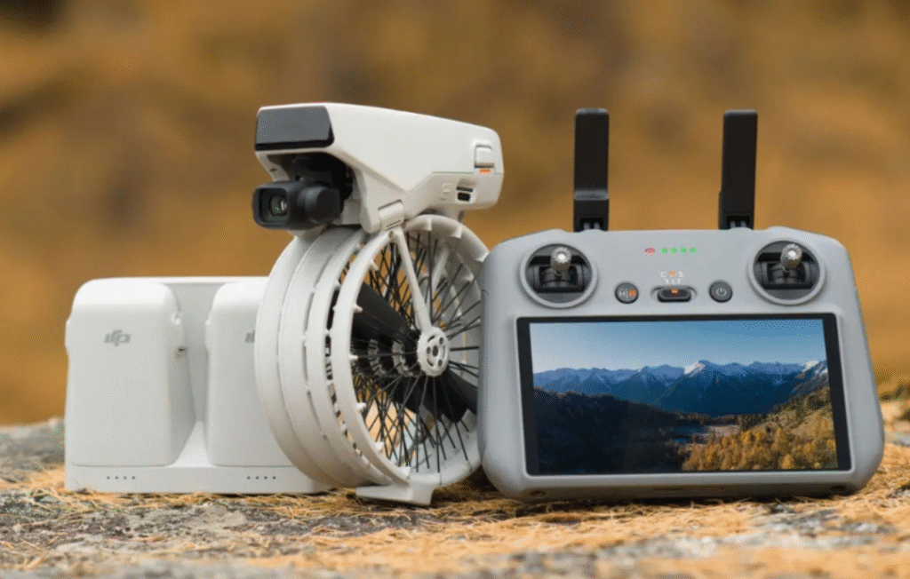 DJI Flip Fly More Combo drone in mid-flight displaying foldable propeller guards and compact design.