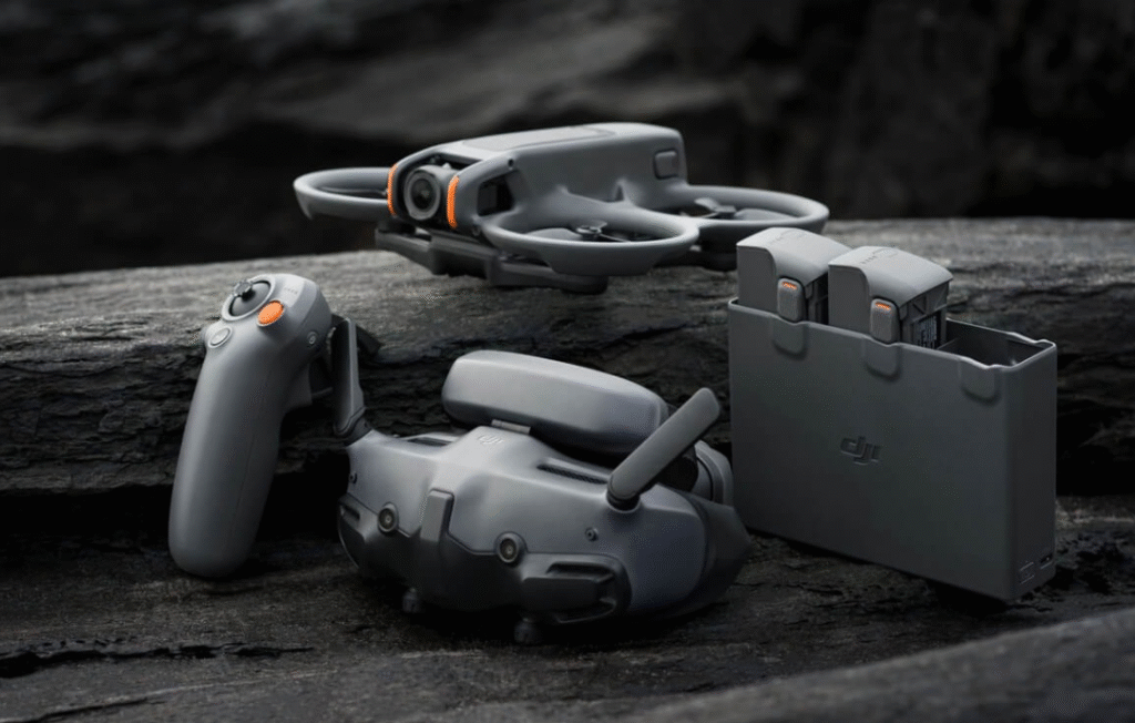 DJI Avata 2 Fly More Combo FPV drone in dynamic flight with propeller guards and ultra-wide camera view