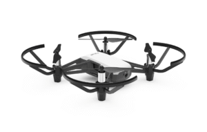DJI Tello Combo drone with 5 batteries and charging hub, showing compact 80g design with propeller guards and 720p HD camera lens.