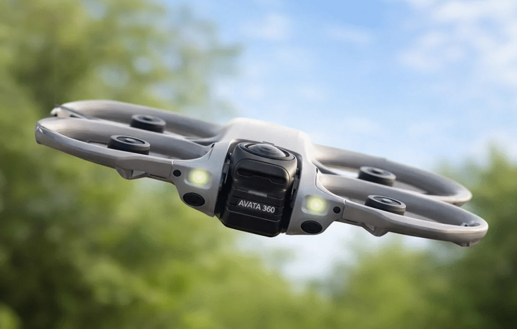 DJI Avata 360 hybrid FPV drone showcasing dual-mode camera system for 360° and forward-facing filming.