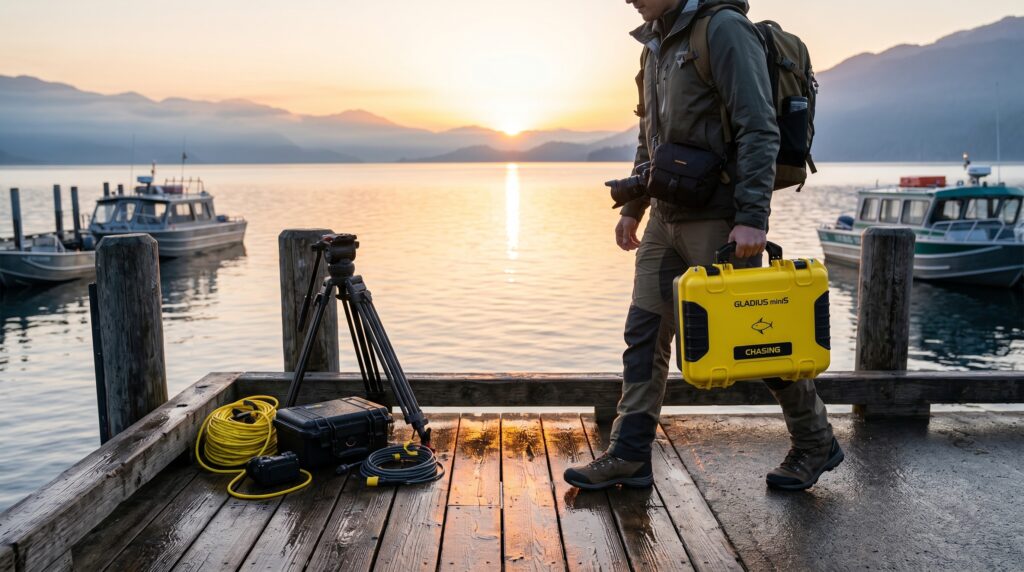 compact underwater drone carrying case near dock