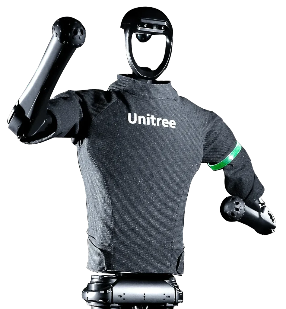 Close-up torso view of the Unitree universal humanoid robot H1-2 wearing a black fabric cover isolated on a white background