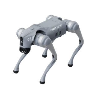 1st image (imgi_35_1-1-1-1_2.jpg) Three-quarter high angle view of the gray Unitree Go2 robot dog standing on a plain white background