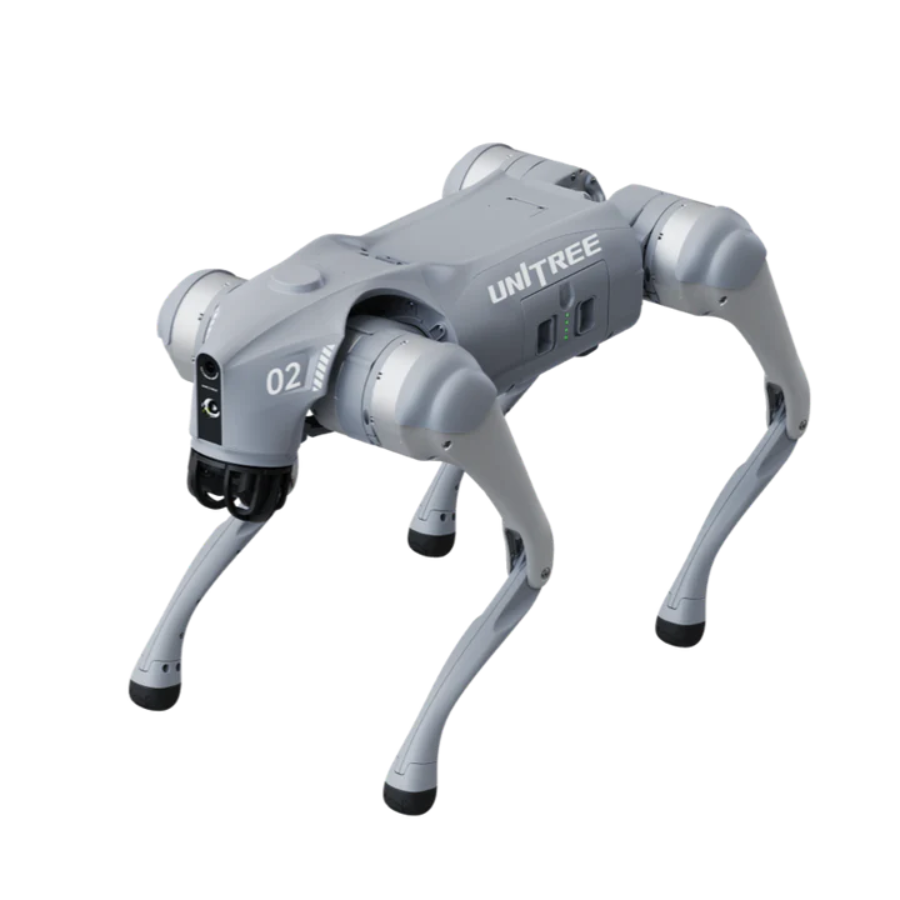 Three-quarter high angle view of the gray Unitree Go2 robot dog standing on a plain white background