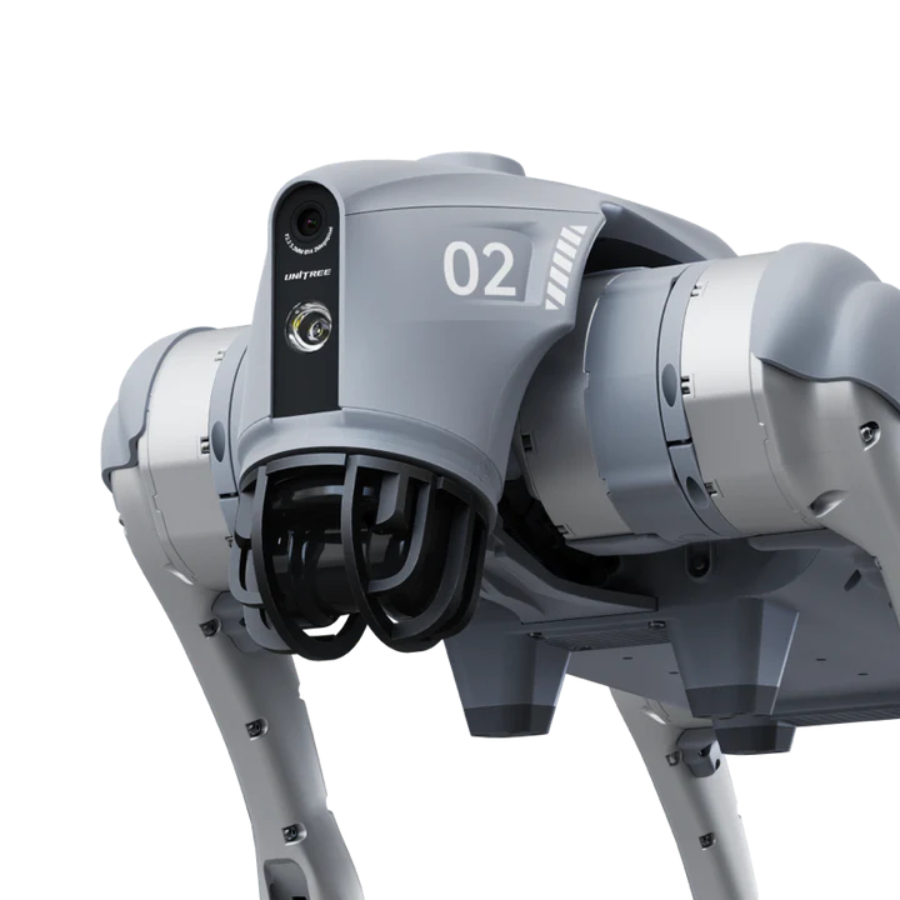 Three-quarter high angle view of the gray Unitree Go2 robot dog standing on a plain white background
