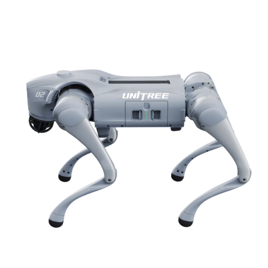 Side profile view of the gray Unitree Go2 robot dog on a clean white background