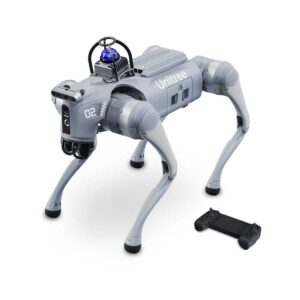 Go2W-U3 Three-quarter top view of the gray Unitree Go2 Edu-U4 robot dog equipped with a top-mounted Hesai 3D LiDAR sensor and handheld remote controller