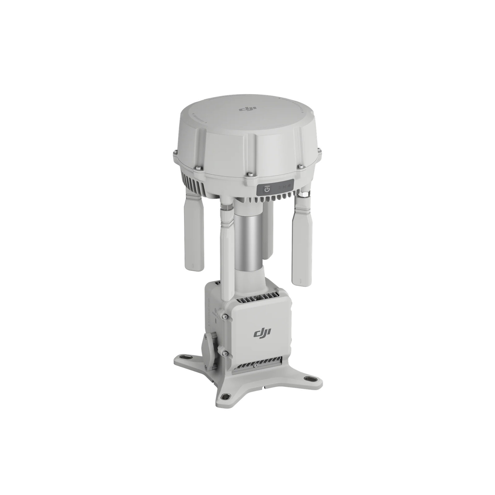 Three-quarter studio shot from a front-right perspective, showcasing the clean white finish, power indicator panel, and prominent DJI logo on the lower base - DJI O4 Ground Station
