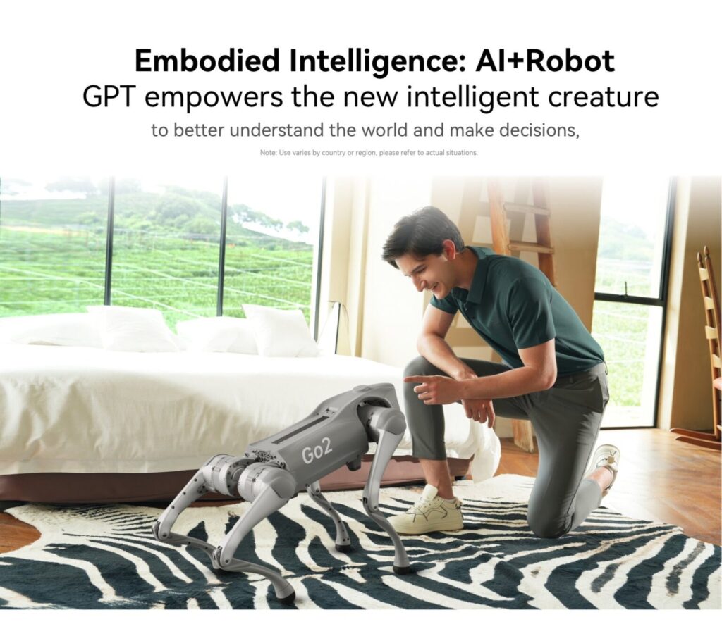 Unitree Go2-X AI robot dog interacting with a man inside a living room with promotional text about embodied intelligence