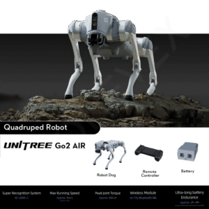 Unitree Go2 Air quadruped robot product showcase graphic featuring technical specifications, remote controller, and battery