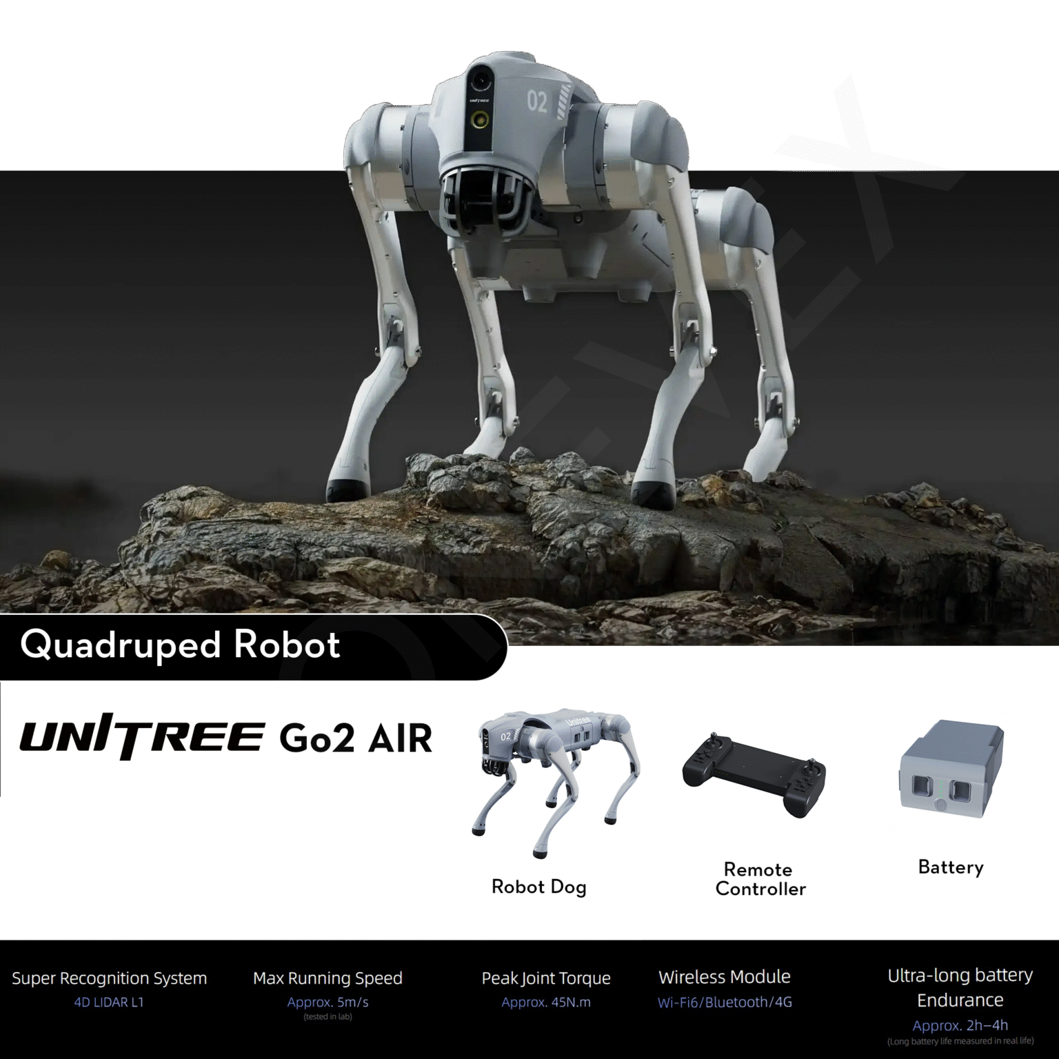 Unitree Go2 Air quadruped robot product showcase graphic featuring technical specifications, remote controller, and battery