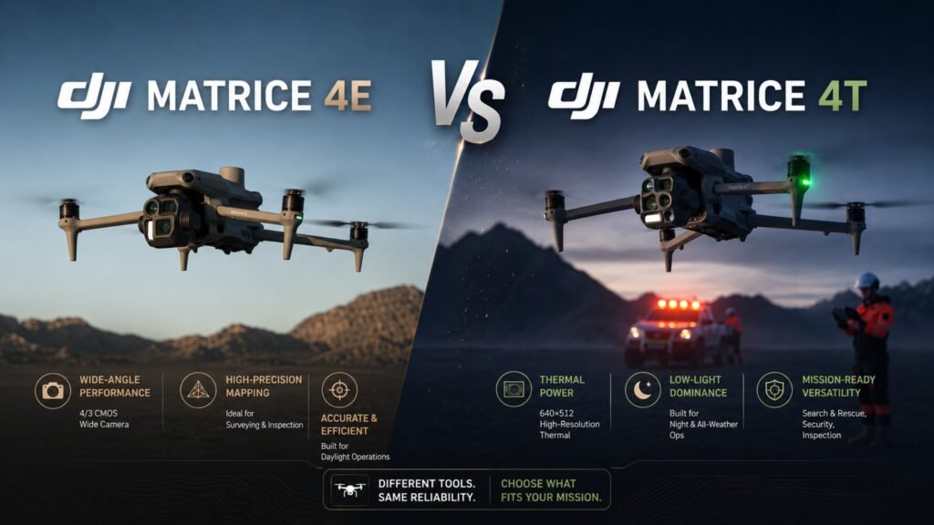 DJI Matrice 4E vs Matrice 4T enterprise drones shown side by side, highlighting their different camera and operational capabilities.