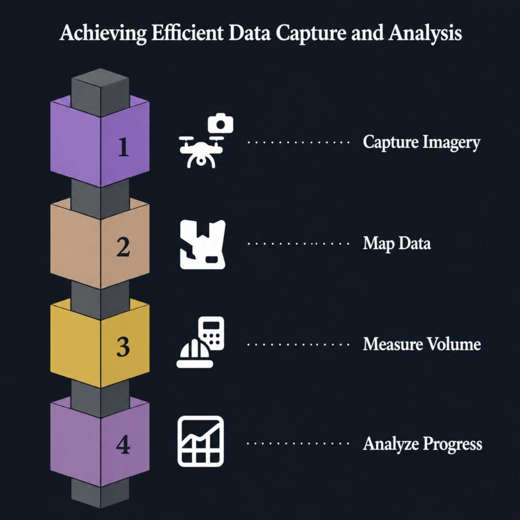 Achieving Efficient Data Capture and Analysis infographic showing four steps: Capture Imagery, Map Data, Measure Volume, and Analyze Progress, with drone, mapping, measurement, and analytics icons alongside a numbered 3D workflow.
