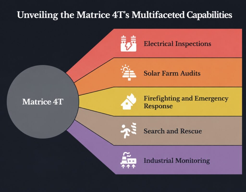Infographic showcasing the DJI Matrice 4T’s capabilities across electrical inspections, solar farm audits, firefighting and emergency response, search and rescue, and industrial monitoring.