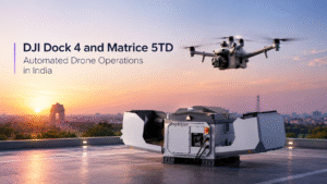 DJI Dock 4 with a Matrice 5TD drone hovering above the automated docking station against a city skyline at sunset, illustrating automated drone operations in India.